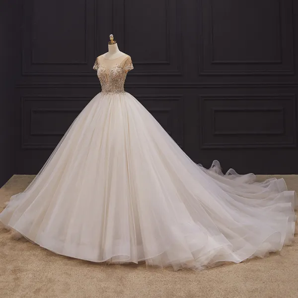 Luxury / Gorgeous Champagne Bridal Wedding Dresses 2020 Ball Gown See-through Scoop Neck Short Sleeve Backless Handmade  Beading Chapel Train Ruffle
