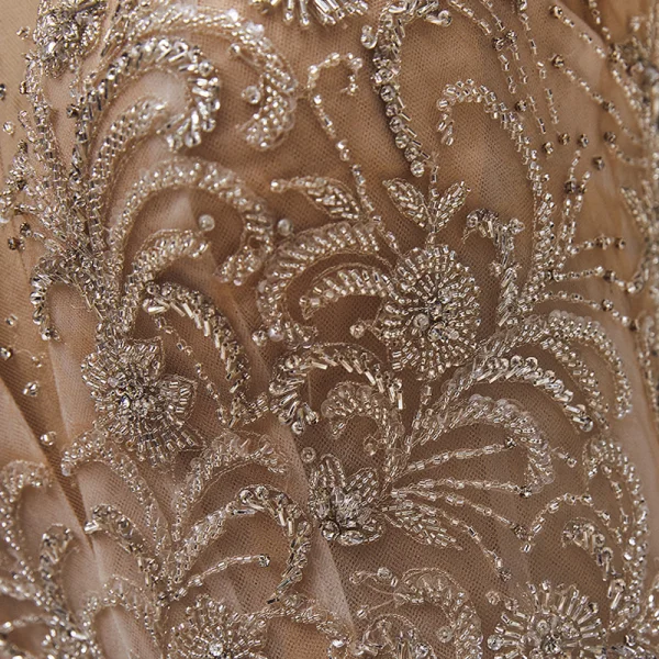 Luxury / Gorgeous Champagne Bridal Wedding Dresses 2020 Ball Gown See-through Scoop Neck Short Sleeve Backless Handmade Beading Chapel Train Ruffle