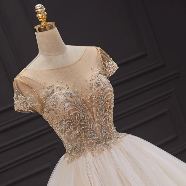 Luxury / Gorgeous Champagne Bridal Wedding Dresses 2020 Ball Gown See-through Scoop Neck Short Sleeve Backless Handmade Beading Chapel Train Ruffle