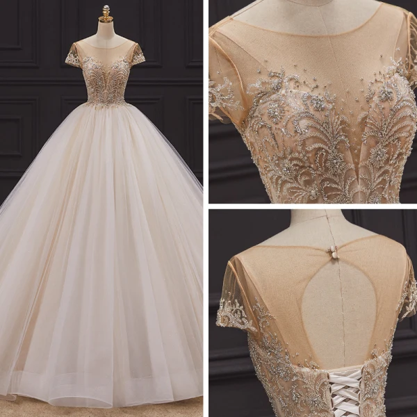 Luxury / Gorgeous Champagne Bridal Wedding Dresses 2020 Ball Gown See-through Scoop Neck Short Sleeve Backless Handmade Beading Chapel Train Ruffle