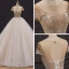 Luxury / Gorgeous Champagne Bridal Wedding Dresses 2020 Ball Gown See-through Scoop Neck Short Sleeve Backless Handmade  Beading Chapel Train Ruffle