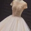 Luxury / Gorgeous Champagne Bridal Wedding Dresses 2020 Ball Gown See-through Scoop Neck Short Sleeve Backless Handmade  Beading Chapel Train Ruffle