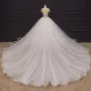 Luxury / Gorgeous Champagne Bridal Wedding Dresses 2020 Ball Gown See-through Scoop Neck Short Sleeve Backless Handmade  Beading Chapel Train Ruffle