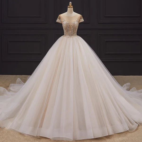 Luxury / Gorgeous Champagne Bridal Wedding Dresses 2020 Ball Gown See-through Scoop Neck Short Sleeve Backless Handmade Beading Chapel Train Ruffle