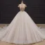 Luxury / Gorgeous Champagne Bridal Wedding Dresses 2020 Ball Gown See-through Scoop Neck Short Sleeve Backless Handmade  Beading Chapel Train Ruffle