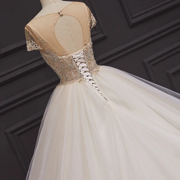Luxury / Gorgeous Champagne Bridal Wedding Dresses 2020 Ball Gown See-through Scoop Neck Short Sleeve Backless Handmade Beading Chapel Train Ruffle