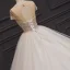 Luxury / Gorgeous Champagne Bridal Wedding Dresses 2020 Ball Gown See-through Scoop Neck Short Sleeve Backless Handmade  Beading Chapel Train Ruffle