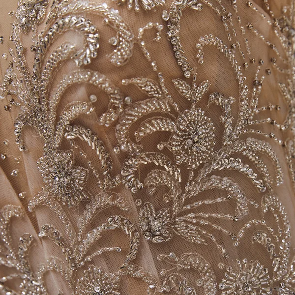 Luxury / Gorgeous Champagne Bridal Wedding Dresses 2020 Ball Gown See-through Scoop Neck Short Sleeve Backless Handmade Beading Chapel Train Ruffle