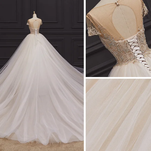 Luxury / Gorgeous Champagne Bridal Wedding Dresses 2020 Ball Gown See-through Scoop Neck Short Sleeve Backless Handmade Beading Chapel Train Ruffle