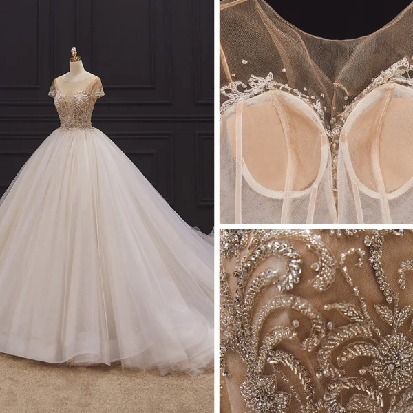 Luxury / Gorgeous Champagne Bridal Wedding Dresses 2020 Ball Gown See-through Scoop Neck Short Sleeve Backless Handmade Beading Chapel Train Ruffle