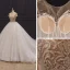 Luxury / Gorgeous Champagne Bridal Wedding Dresses 2020 Ball Gown See-through Scoop Neck Short Sleeve Backless Handmade  Beading Chapel Train Ruffle