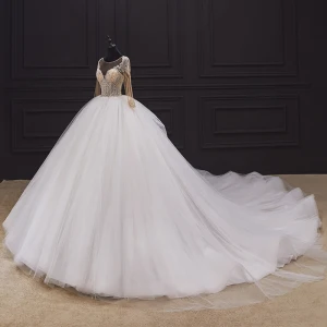 Espejismo Marfil Boda Vestidos De Novia 2020 Ball Gown Transparentes Scoop Escote Manga Larga Sin Espalda Hecho A Mano Rebordear Cathedral Train Ruffle