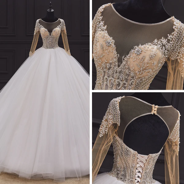 Illusion Ivory Bridal Wedding Dresses 2020 Ball Gown See-through Scoop Neck Long Sleeve Backless Handmade Beading Cathedral Train Ruffle