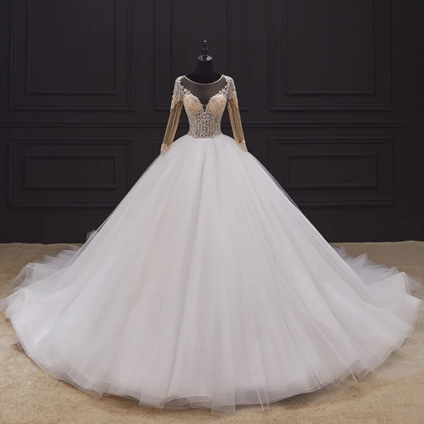 Illusion Ivory Bridal Wedding Dresses 2020 Ball Gown See-through Scoop Neck Long Sleeve Backless Handmade Beading Cathedral Train Ruffle