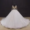 Illusion Ivory Bridal Wedding Dresses 2020 Ball Gown See-through Scoop Neck Long Sleeve Backless Handmade  Beading Cathedral Train Ruffle