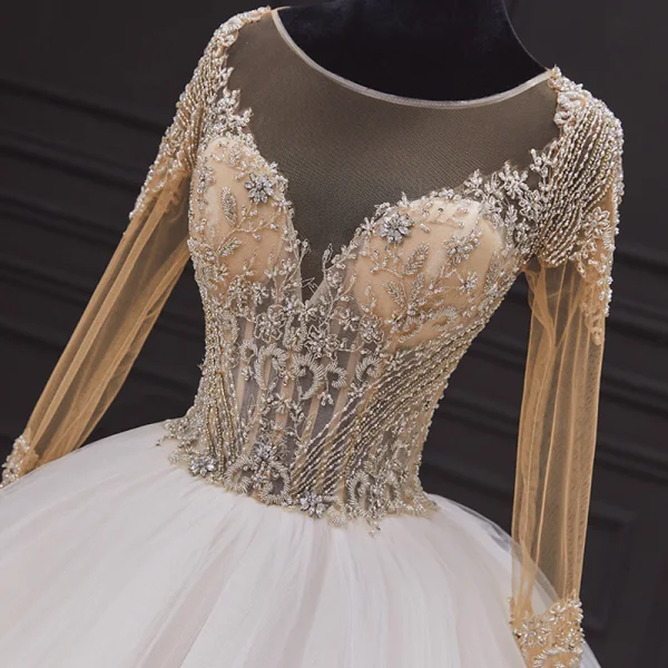 Illusion Ivory Bridal Wedding Dresses 2020 Ball Gown See-through Scoop Neck Long Sleeve Backless Handmade Beading Cathedral Train Ruffle