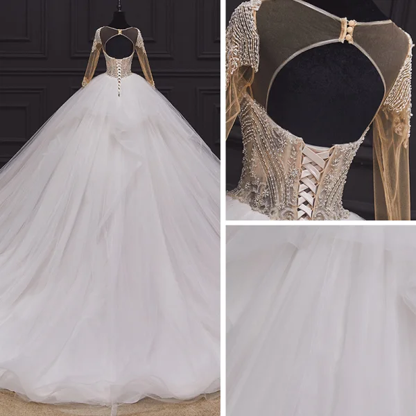Illusion Ivory Bridal Wedding Dresses 2020 Ball Gown See-through Scoop Neck Long Sleeve Backless Handmade Beading Cathedral Train Ruffle