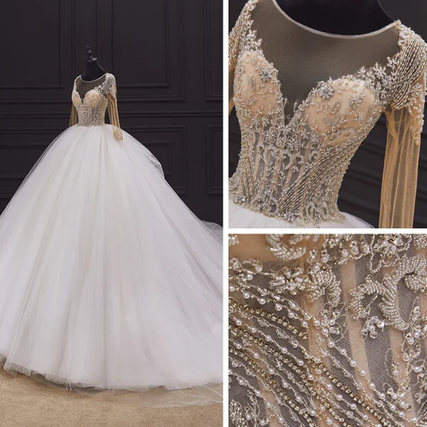 Illusion Ivory Bridal Wedding Dresses 2020 Ball Gown See-through Scoop Neck Long Sleeve Backless Handmade Beading Cathedral Train Ruffle
