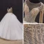 Illusion Ivory Bridal Wedding Dresses 2020 Ball Gown See-through Scoop Neck Long Sleeve Backless Handmade  Beading Cathedral Train Ruffle
