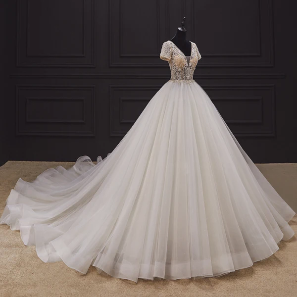 Luxury / Gorgeous Champagne Bridal Wedding Dresses 2020 Ball Gown Deep V-Neck Short Sleeve Backless Heart-shaped Handmade Beading Cathedral Train Luxury / Gorgeous Champagne Bridal Wedding Dresses 2020 Ball Gown Deep V-Neck Short Sleeve Backless Heart-shaped Handmade Beading Cathedral Train