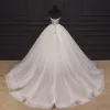 Luxury / Gorgeous Champagne Bridal Wedding Dresses 2020 Ball Gown Sweetheart Sleeveless Backless Beading Chapel Train Cascading Ruffles