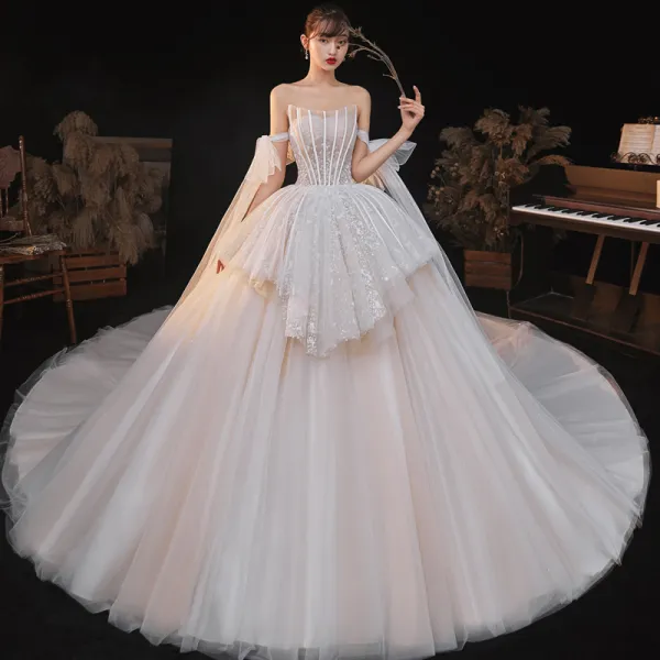 Elegant Champagne Bridal Wedding Dresses 2020 Ball Gown Sweetheart Short Sleeve Backless Glitter Tulle Ruffle Cathedral Train