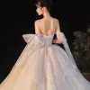 Eleganckie Szampan ślubna Suknie Ślubne 2020 Suknia Balowa Kochanie Kótkie Rękawy Bez Pleców Cekinami Tiulowe Wzburzyć Trenem Katedra