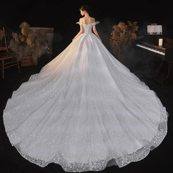 Romantic White Bridal Wedding Dresses 2020 Ball Gown Off-The-Shoulder Short Sleeve Backless Beading Glitter Tulle Cathedral Train Ruffle