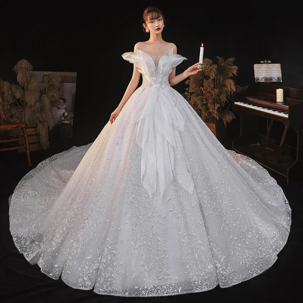 Romantic White Bridal Wedding Dresses 2020 Ball Gown Off-The-Shoulder Short Sleeve Backless Beading Glitter Tulle Cathedral Train Ruffle