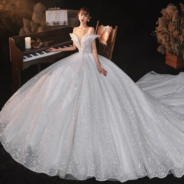 Romantic White Bridal Wedding Dresses 2020 Ball Gown Off-The-Shoulder Short Sleeve Backless Beading Glitter Tulle Cathedral Train Ruffle