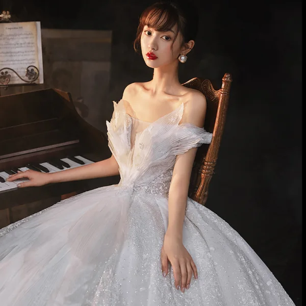 Romantic White Bridal Wedding Dresses 2020 Ball Gown Off-The-Shoulder Short Sleeve Backless Beading Glitter Tulle Cathedral Train Ruffle