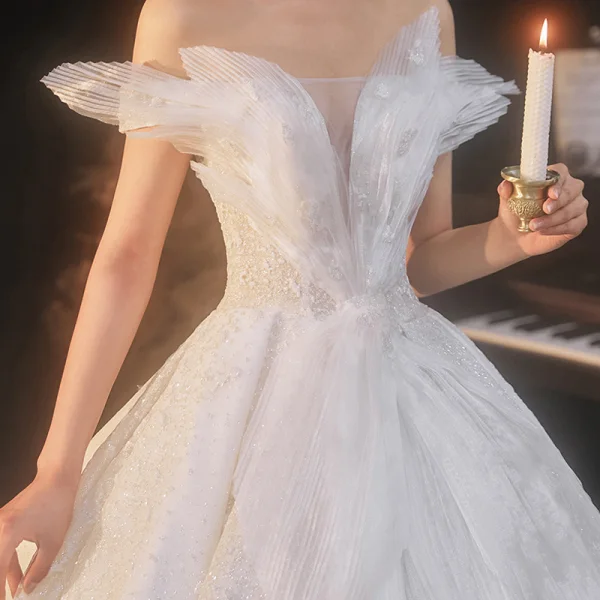 Romantic White Bridal Wedding Dresses 2020 Ball Gown Off-The-Shoulder Short Sleeve Backless Beading Glitter Tulle Cathedral Train Ruffle