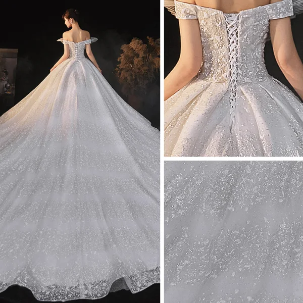 Romantic White Bridal Wedding Dresses 2020 Ball Gown Off-The-Shoulder Short Sleeve Backless Beading Glitter Tulle Cathedral Train Ruffle