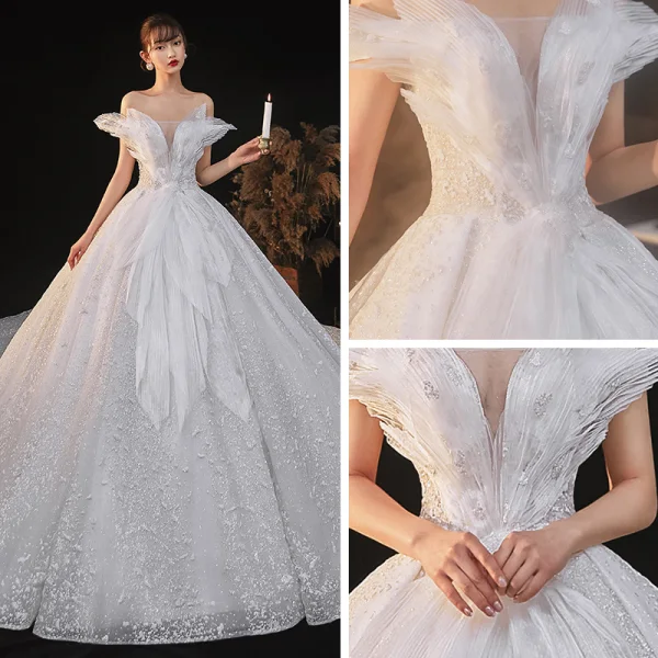 Romantic White Bridal Wedding Dresses 2020 Ball Gown Off-The-Shoulder Short Sleeve Backless Beading Glitter Tulle Cathedral Train Ruffle