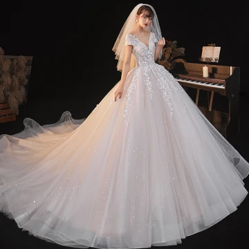 Romantic Champagne Bridal Wedding Dresses 2020 Ball Gown See Through Deep V Neck Short Sleeve Backless Appliques Lace Beading Star Sequins Glitter Tulle Cathedral Train Ruffle