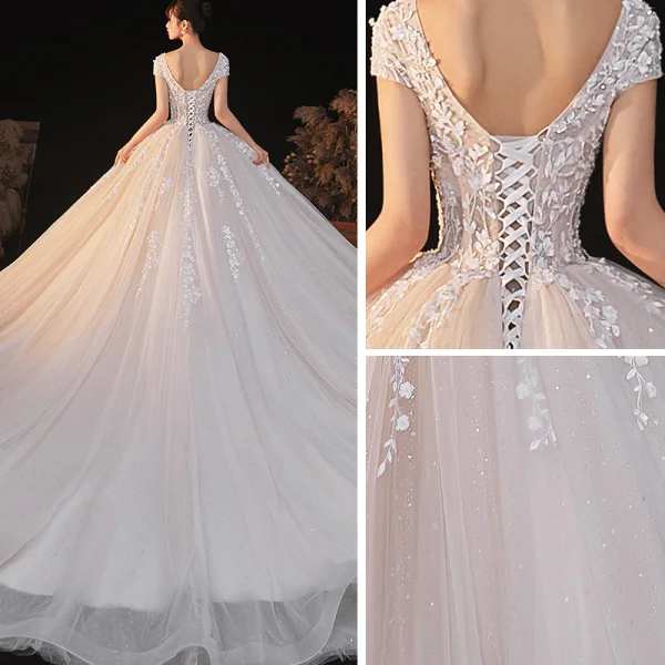 Romantique Champagne La Mariée Robe De Mariée 2020 Robe Boule Transparentes Col v profond Manches Courtes Dos Nu Appliques En Dentelle Perlage Étoile Paillettes Glitter Tulle Cathedral Train Volants