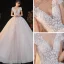 Romantique Champagne La Mariée Robe De Mariée 2020 Robe Boule Transparentes Col v profond Manches Courtes Dos Nu Appliques En Dentelle Perlage Étoile Paillettes Glitter Tulle Cathedral Train Volants