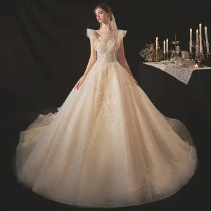 Chic Belle Champagne La Mariée Robe De Mariée 2020 Robe Boule Transparentes Encolure Dégagée Sans Manches Dos Nu Appliques En Dentelle Perlage Glitter Tulle Chapel Train Volants