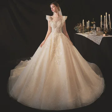 Chic Beautiful Champagne Bridal Wedding Dresses 2020 Ball Gown See Through Scoop Neck Sleeveless Backless Appliques Lace Beading Glitter Tulle Chapel Train Ruffle