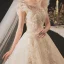 Chic / Belle Champagne La Mariée Robe De Mariée 2020 Robe Boule Transparentes Encolure Dégagée Sans Manches Dos Nu Appliques En Dentelle Perlage Glitter Tulle Chapel Train Volants