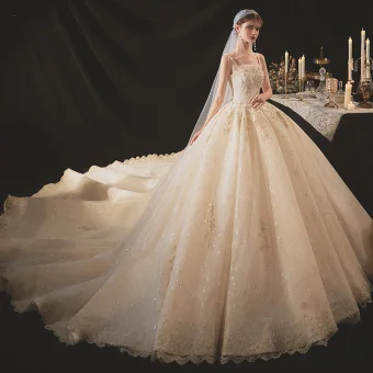 Classic Champagne Bridal Wedding Dresses 2020 Ball Gown Shoulders Sleeveless Backless Appliques Beading Glitter Tulle Cathedral Train Ruffle