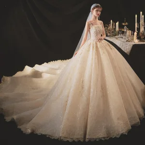 Classic Champagne Bridal Wedding Dresses 2020 Ball Gown Shoulders Sleeveless Backless Appliques Beading Glitter Tulle Cathedral Train Ruffle