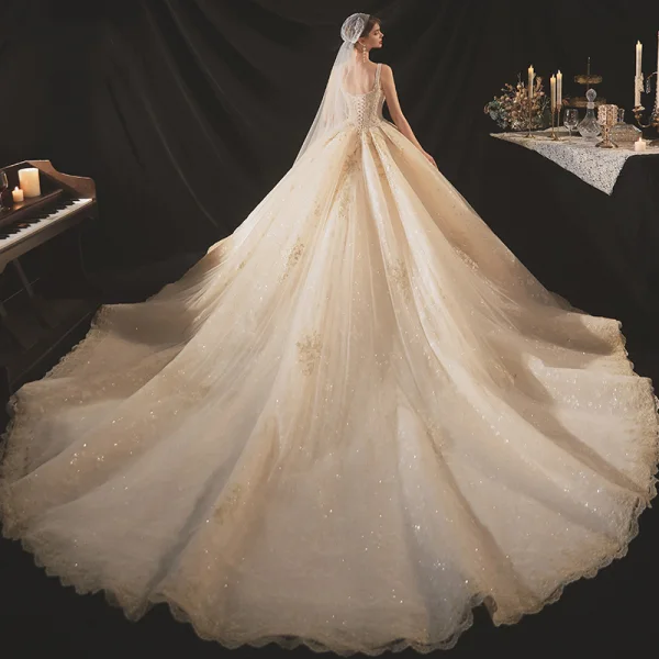 Classic Champagne Bridal Wedding Dresses 2020 Ball Gown Shoulders Sleeveless Backless Appliques Beading Glitter Tulle Cathedral Train Ruffle
