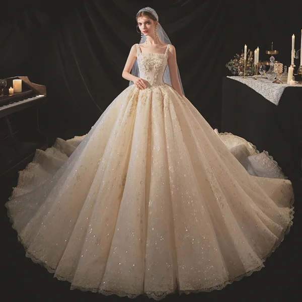 Classic Champagne Bridal Wedding Dresses 2020 Ball Gown Shoulders Sleeveless Backless Appliques Beading Glitter Tulle Cathedral Train Ruffle