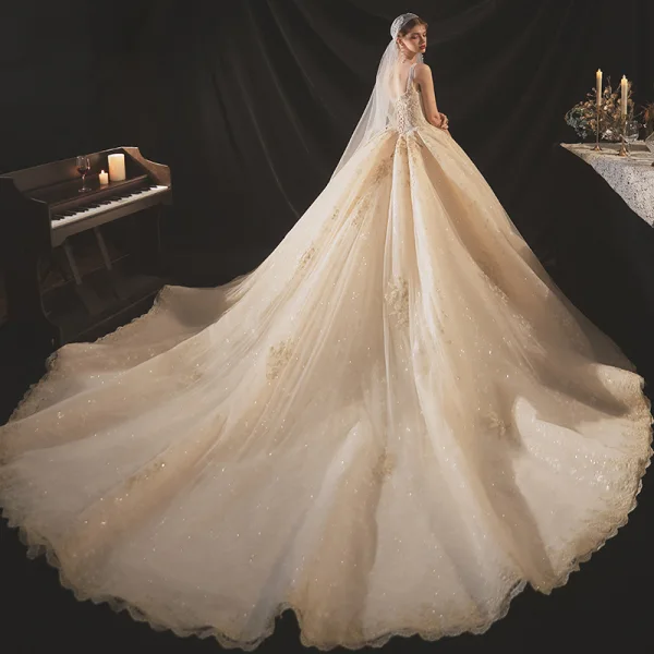 Classic Champagne Bridal Wedding Dresses 2020 Ball Gown Shoulders Sleeveless Backless Appliques Beading Glitter Tulle Cathedral Train Ruffle