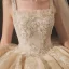 Classic Champagne Bridal Wedding Dresses 2020 Ball Gown Shoulders Sleeveless Backless Appliques Beading Glitter Tulle Cathedral Train Ruffle