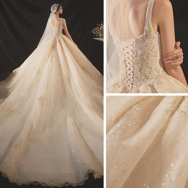 Classic Champagne Bridal Wedding Dresses 2020 Ball Gown Shoulders Sleeveless Backless Appliques Beading Glitter Tulle Cathedral Train Ruffle