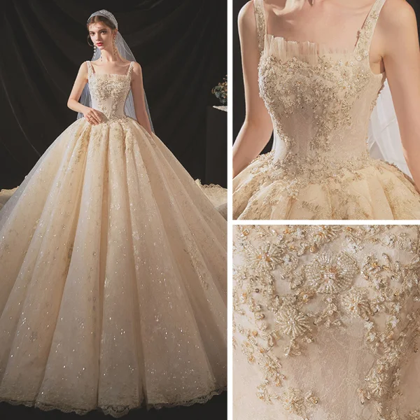 Classic Champagne Bridal Wedding Dresses 2020 Ball Gown Shoulders Sleeveless Backless Appliques Beading Glitter Tulle Cathedral Train Ruffle