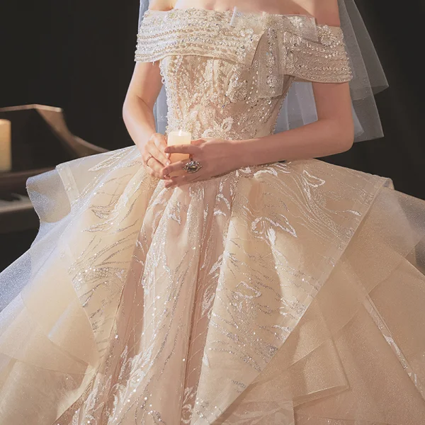 Classy Champagne Bridal Wedding Dresses 2020 Ball Gown Off-The-Shoulder Short Sleeve Backless Appliques Lace Sequins Beading Glitter Tulle Royal Train Ruffle