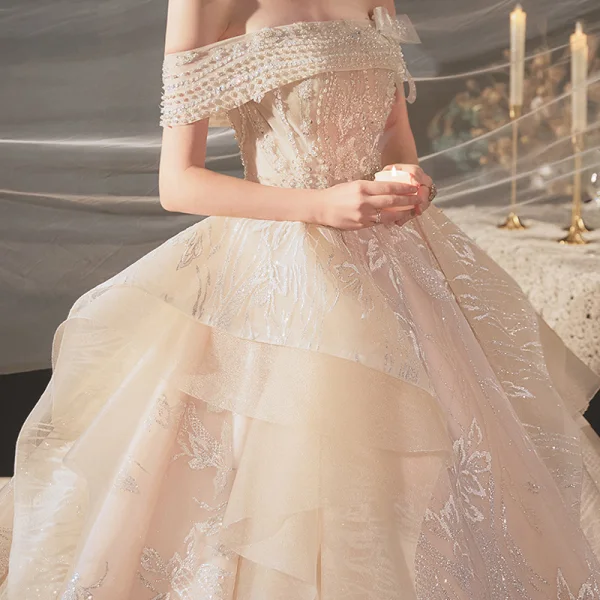 Classy Champagne Bridal Wedding Dresses 2020 Ball Gown Off-The-Shoulder Short Sleeve Backless Appliques Lace Sequins Beading Glitter Tulle Royal Train Ruffle